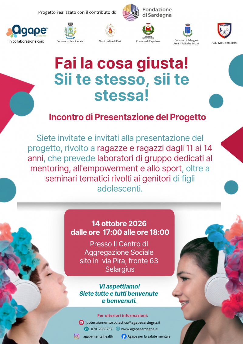 Incontro di presentazione del Progetto Fai la cosa giusta ! Sii te stesso!  Rivolto a genitori di figli adolescenti.
